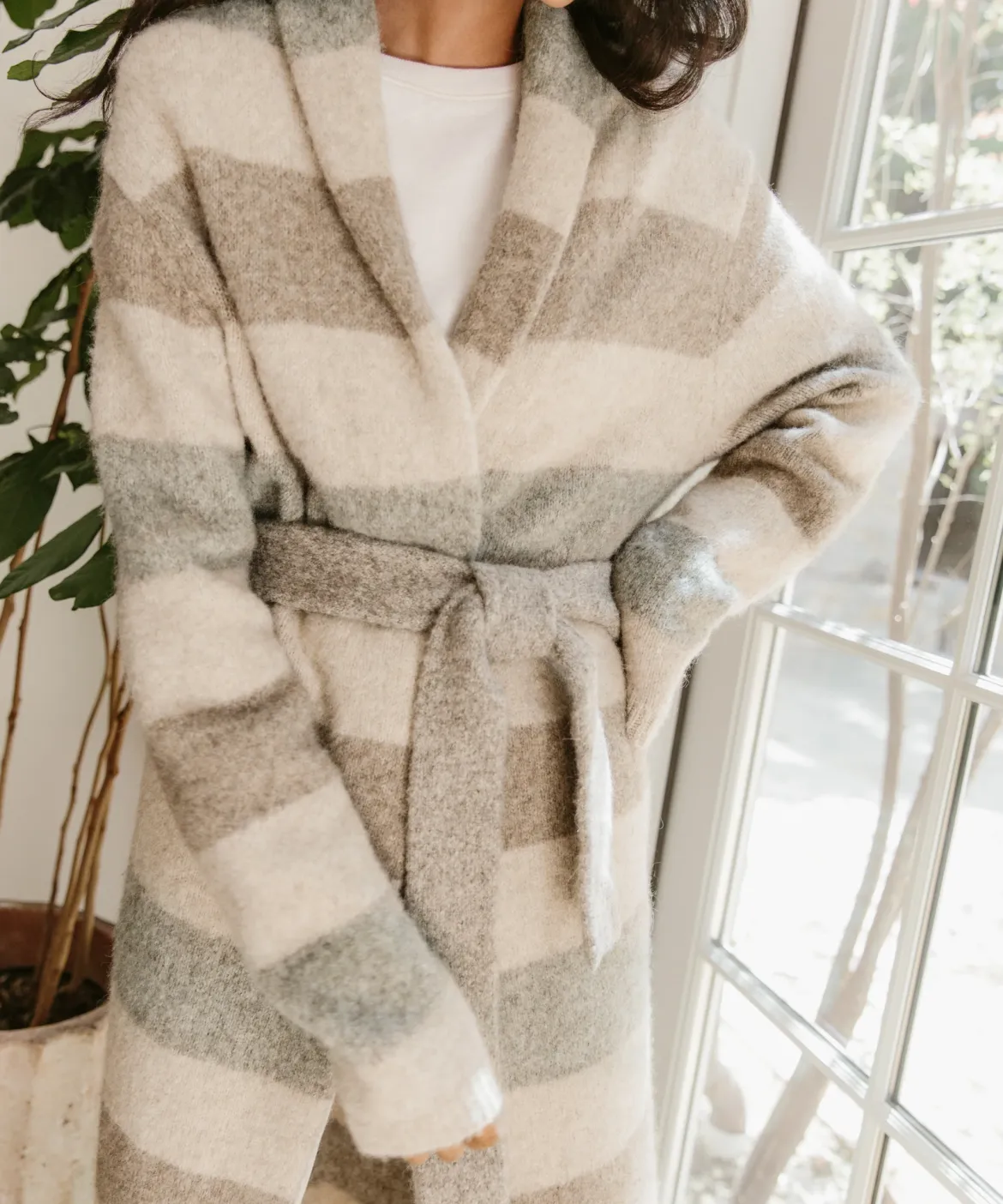 Jenni Kayne Belted Sweater Coat Oatmeal Stripe Clearance