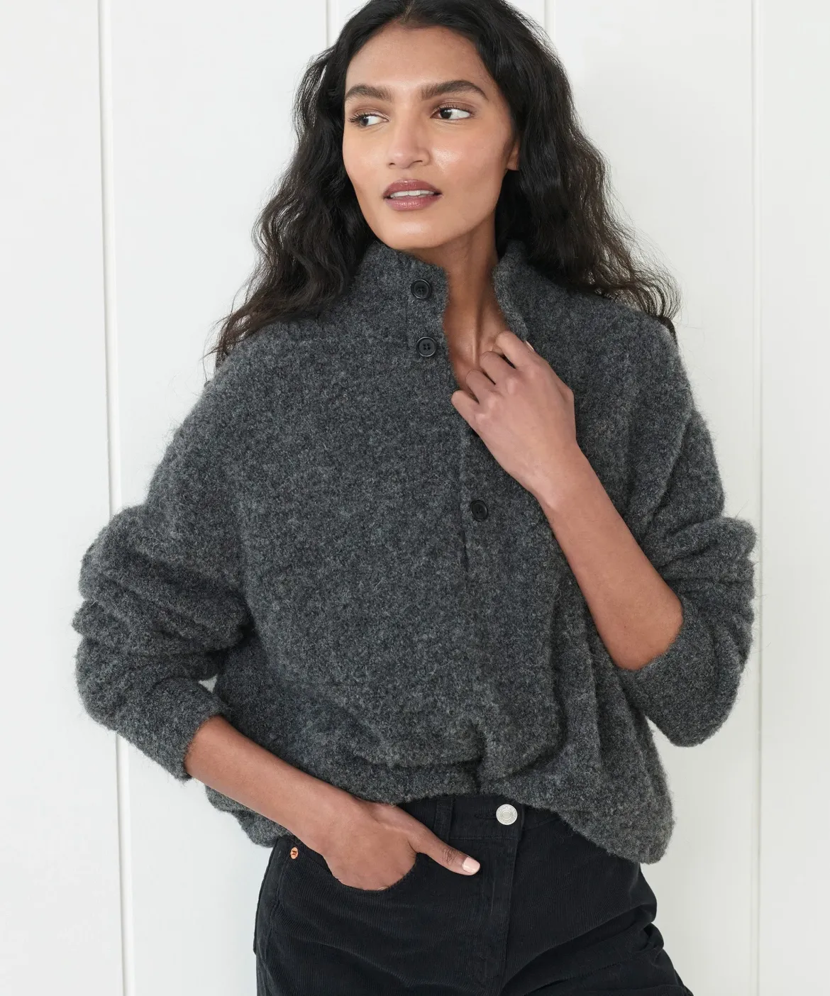 Jenni Kayne Boucle Button Pullover Charcoal Fashion