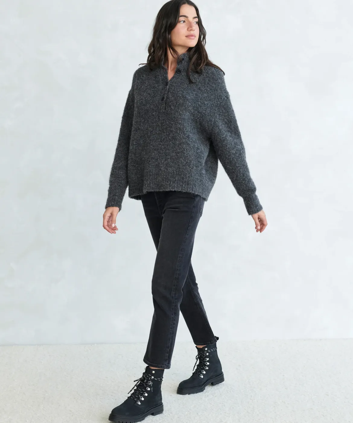 Jenni Kayne Boucle Button Pullover Charcoal Fashion