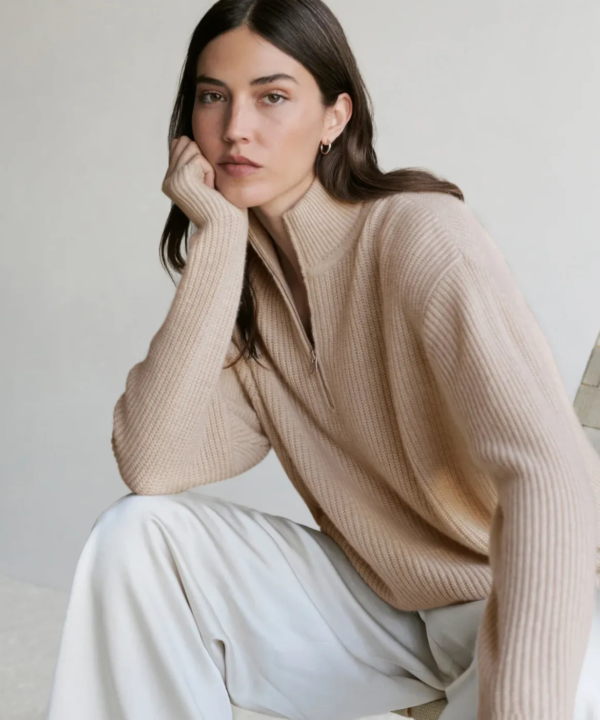 Jenni Kayne Cashmere Half Zip Oatmeal Hot